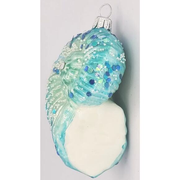 Vintage Blown Glass Sea Shell Beaded Christmas Ornament Teal Blue PB178 - Picture 4 of 5